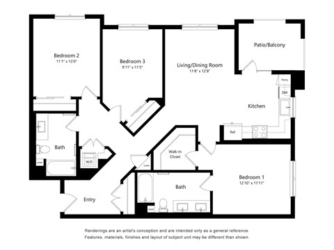 Floor plan for 3 beds, 2 baths, 1329 sqft
